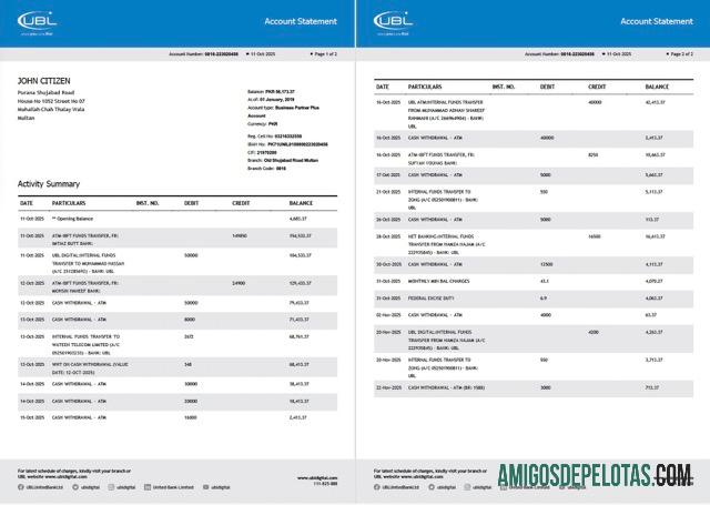 Extrato de conta do Paquistão United Bank Limited para impressão, modelo Word e PDF, 2 páginas